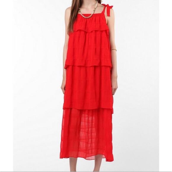 UO Piplette by Alice Ritter Tiered Red chiffon-esqu Maxi Dress Size Large‎ - Picture 1 of 5